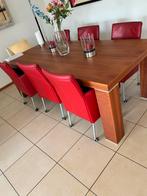 Eettafel met 6 rode stoelen, Huis en Inrichting, Tafels | Eettafels, Gebruikt, 100 tot 150 cm, Ophalen of Verzenden, Vijf personen of meer