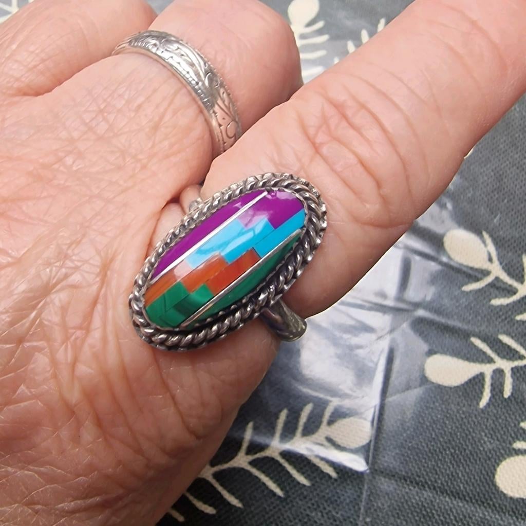 Zilveren Zuni Inlay Ring Maat 19 - Uniek Design, 18 tot 19, Gebruikt, Overige kleuren, Ophalen of Verzenden