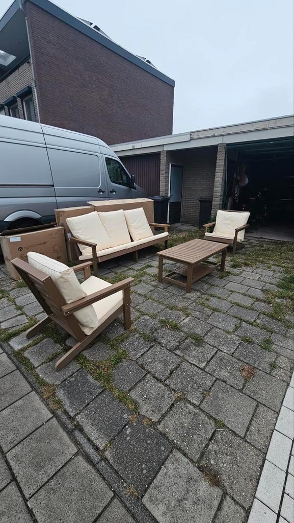 MOET WEG all season loungeset, Tuin en Terras, Tuinsets en Loungesets, Nieuw, Loungeset, Hout, 4 zitplaatsen, Bank, Bijzettafel