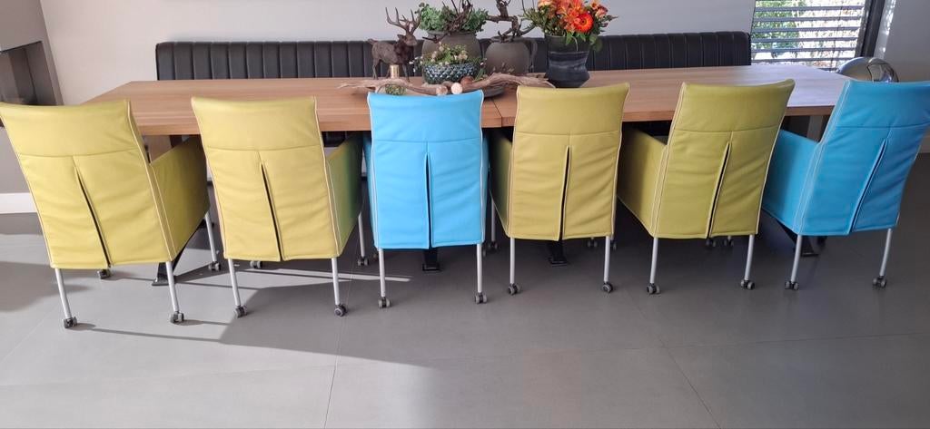 Stoelen  Lederen eetkamerstoelen op wieltjes, Ophalen, Gebruikt, Blauw, Vijf, Zes of meer stoelen