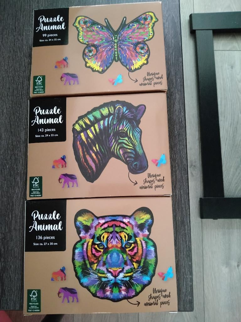 3 dieren puzzels, vlinder puzzel, tijger puzzel, ezel puzzel, Ophalen of Verzenden, Minder dan 500 stukjes, Nieuw, Legpuzzel