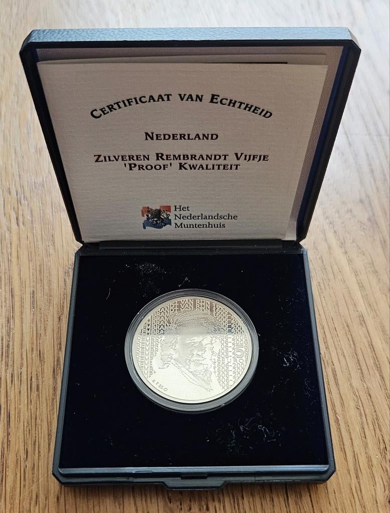 Prachtig zilveren Rembrandt Vijfje 'Proof' 0.925 zilver, Postzegels en Munten, Koningin Beatrix, Zilver, Euro's, Ophalen of Verzenden