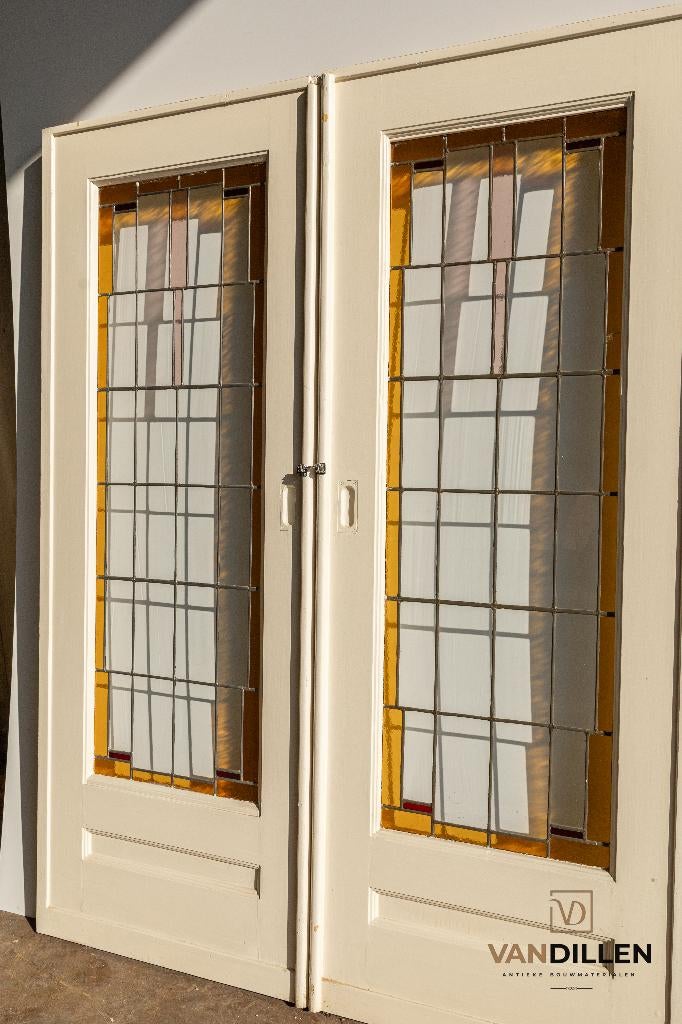 Antieke ensuite / schuifdeuren met glas in lood motief, Doe-het-zelf en Verbouw, Deuren en Horren, Ophalen, Gebruikt, 120 cm of meer