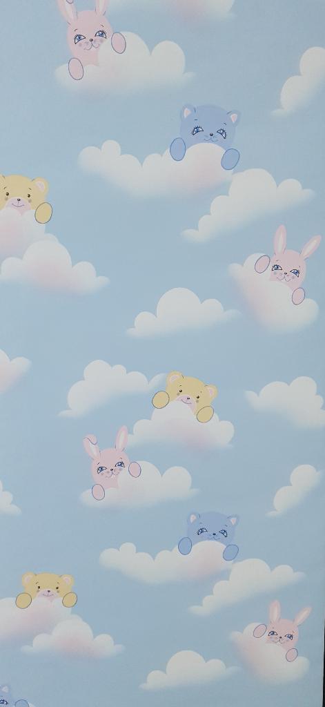 13666 Vintage kinderbehang met dieren in wolken swiet, Verzenden, Minder dan 10 m², Wit