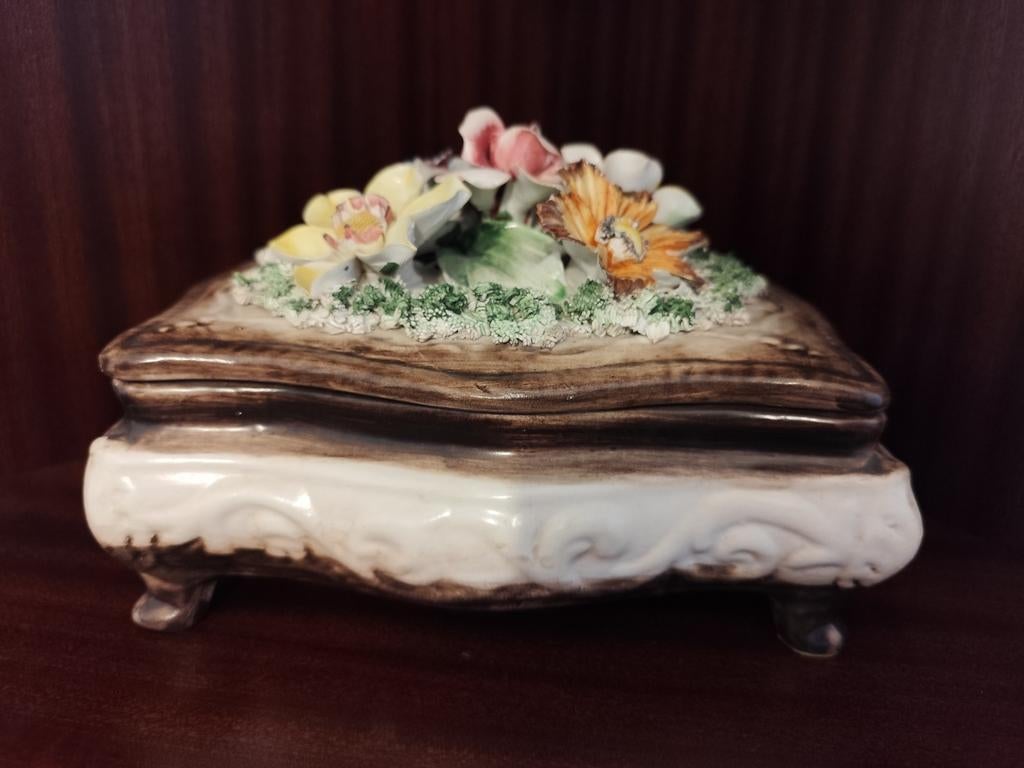 Brocante Porseleinen Opbergdoos met Bloemen - Erfstuk, Ophalen