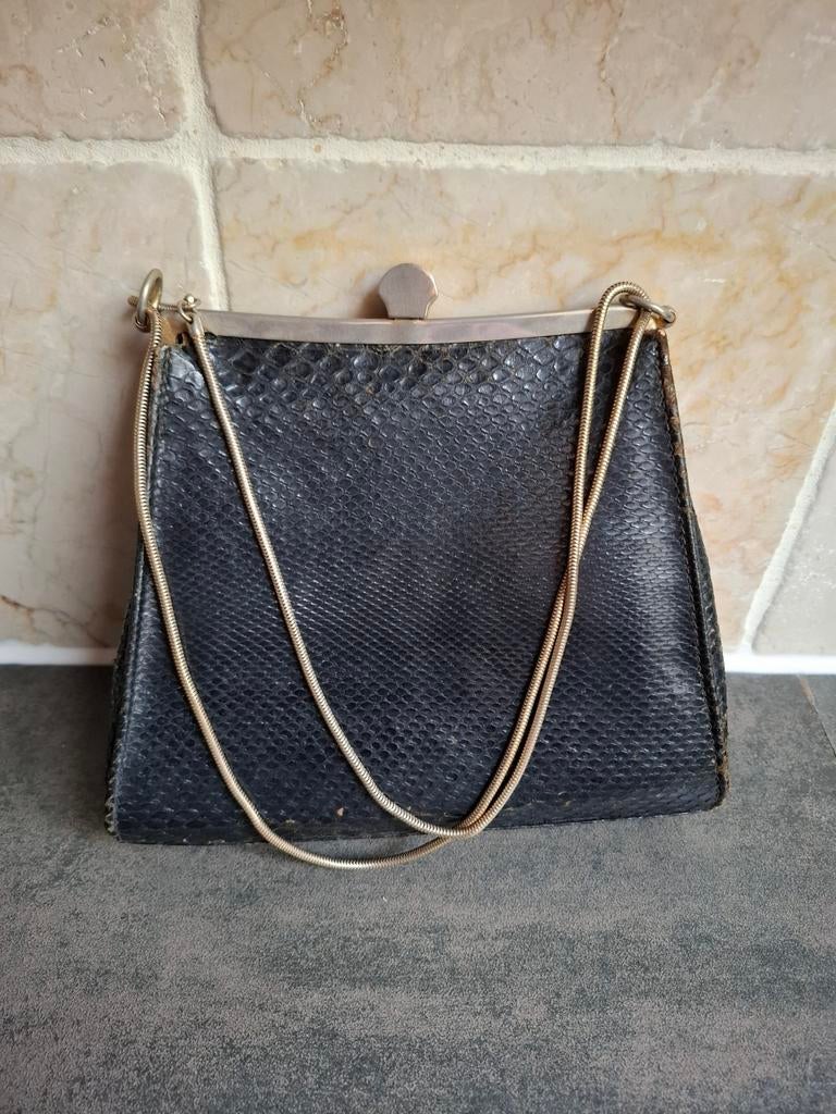 Vintage zwart slangenleer dames schoudertasje., Sieraden, Tassen en Uiterlijk, Tassen | Damestassen, Ophalen of Verzenden, Zo goed als nieuw