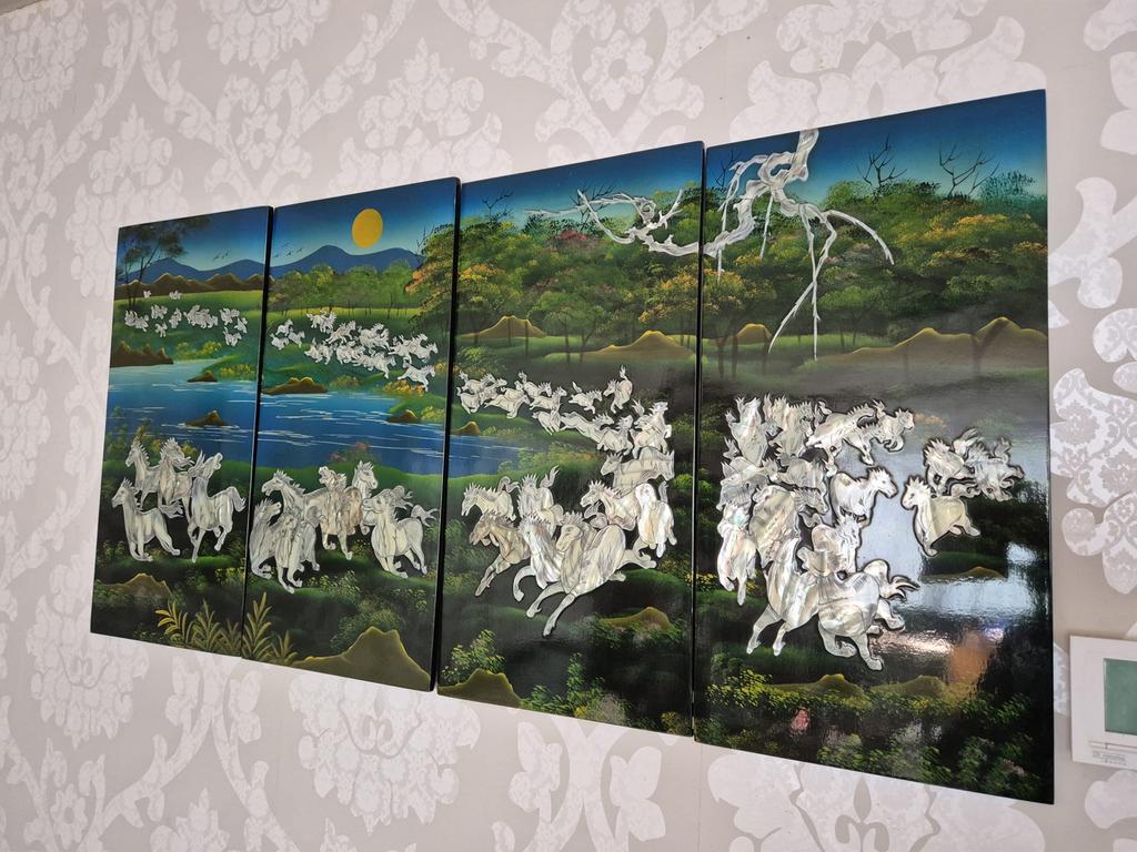 Vietnamees lakwerk schilderij met paarden 4 panelen, Ophalen of Verzenden