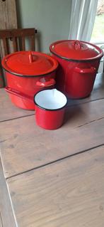 Rode emaille pannenset - 3-delig, Ophalen of Verzenden, Gebruikt, Overige materialen, Pannenset