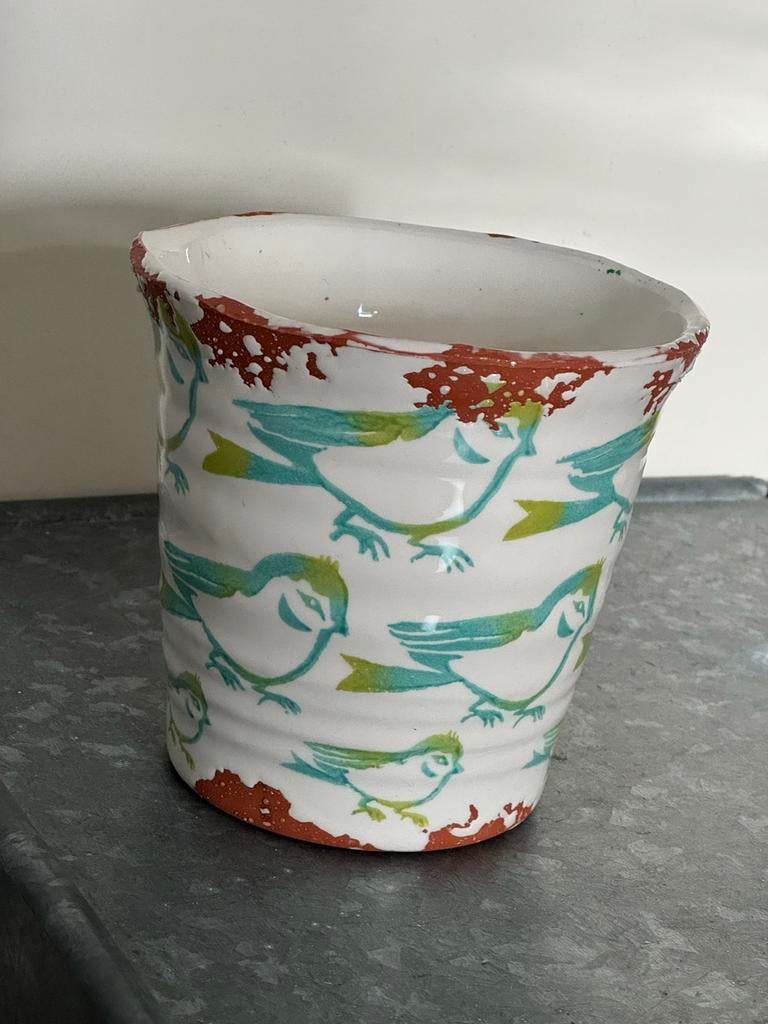 Portugees keramiek Villa pottery bloempot met vogelprint, 25 tot 40 cm, Gebruikt, Rond, Binnen