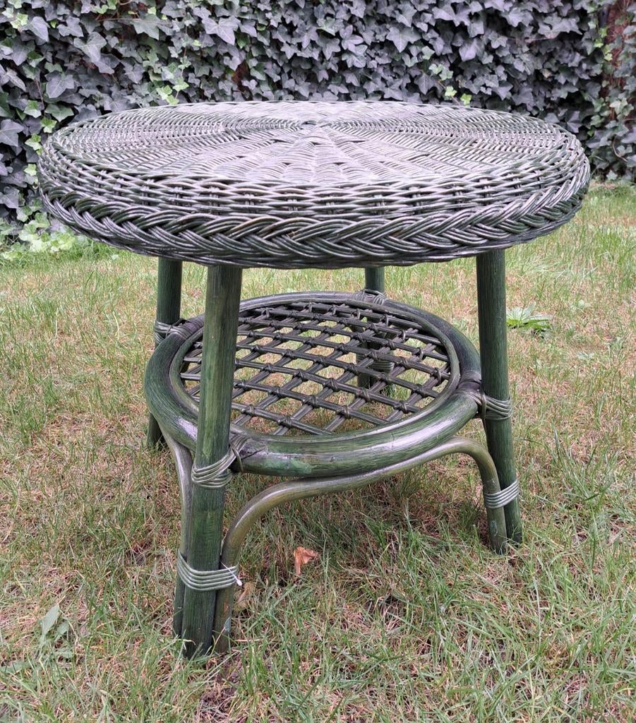 Vintage tafel rond bijzettafel rotan groen, Ophalen, Rond