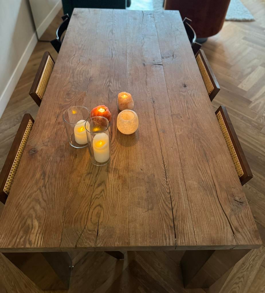 Robuuste houten eettafel met stalen poten, Industriële look, Ophalen, 200 cm of meer, 50 tot 100 cm, Zo goed als nieuw