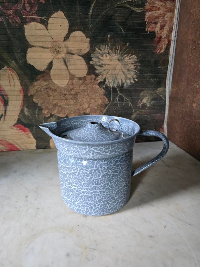 Grijs gewolkte emaille melkkoker, Ophalen of Verzenden