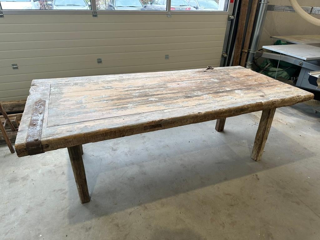 Robuuste tafel van oude staldeuren, Ophalen, Gebruikt, 200 cm of meer, 50 tot 100 cm