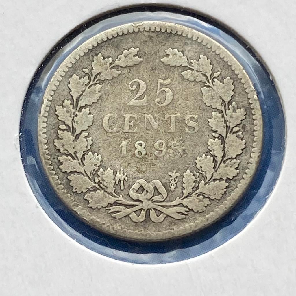 25 Cent Zilver uit 1895 A van Wilhelmina, Postzegels en Munten, Munten | Nederland, Verzenden, Zilver, 25 cent, Koningin Wilhelmina