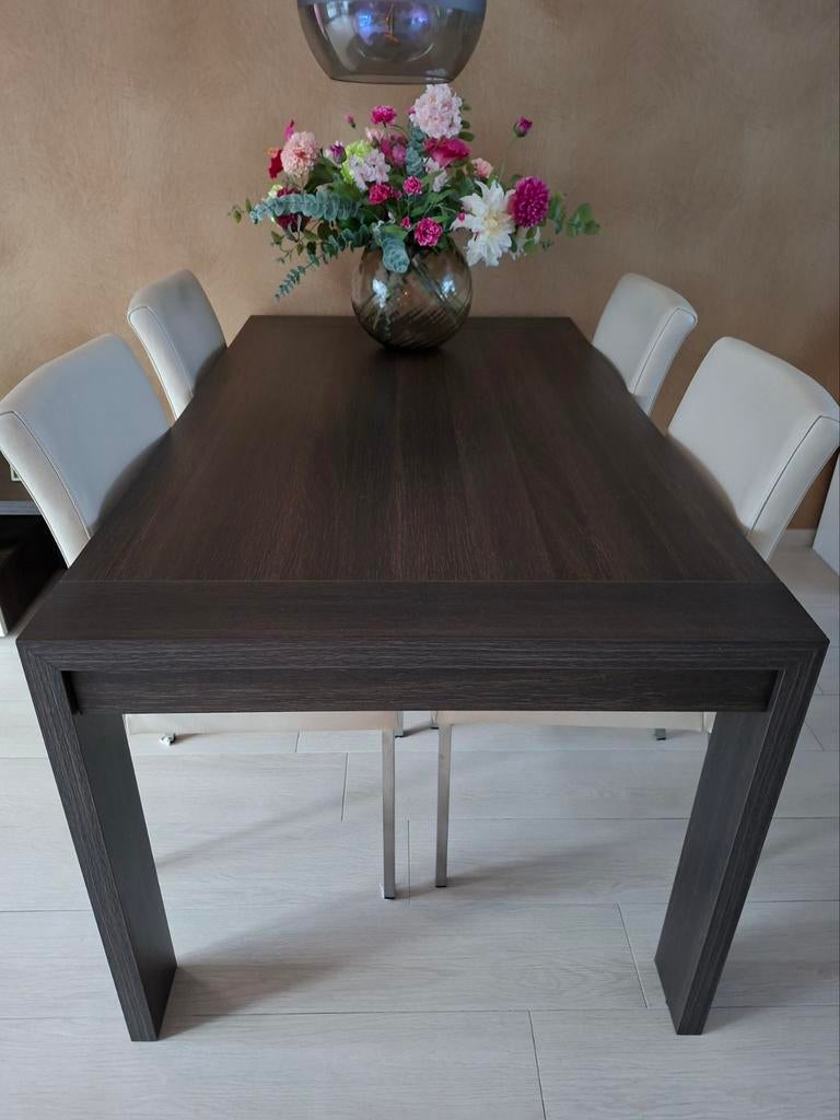 Eethoek met uitschuifbare Brinkmann tafel + 4 leren stoelen, Ophalen, 50 tot 100 cm, Zo goed als nieuw, Vijf personen of meer