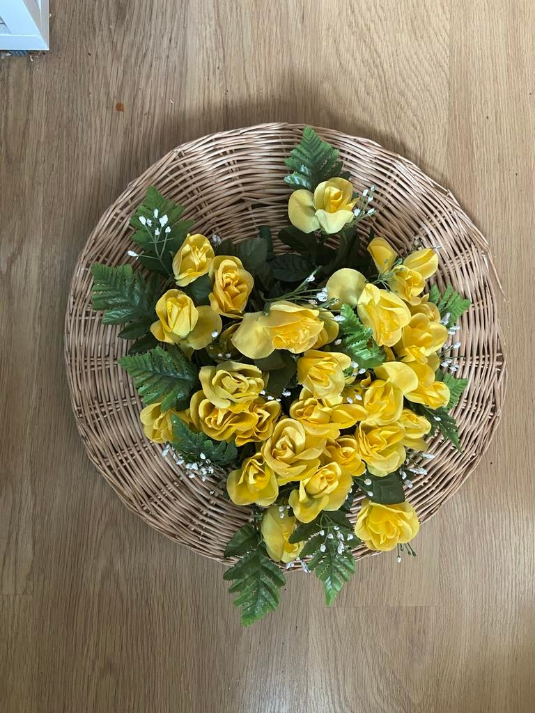 Vintage Gele Kunst Rozen Boeket op riet - Wand decoratie, Ophalen of Verzenden, Gebruikt