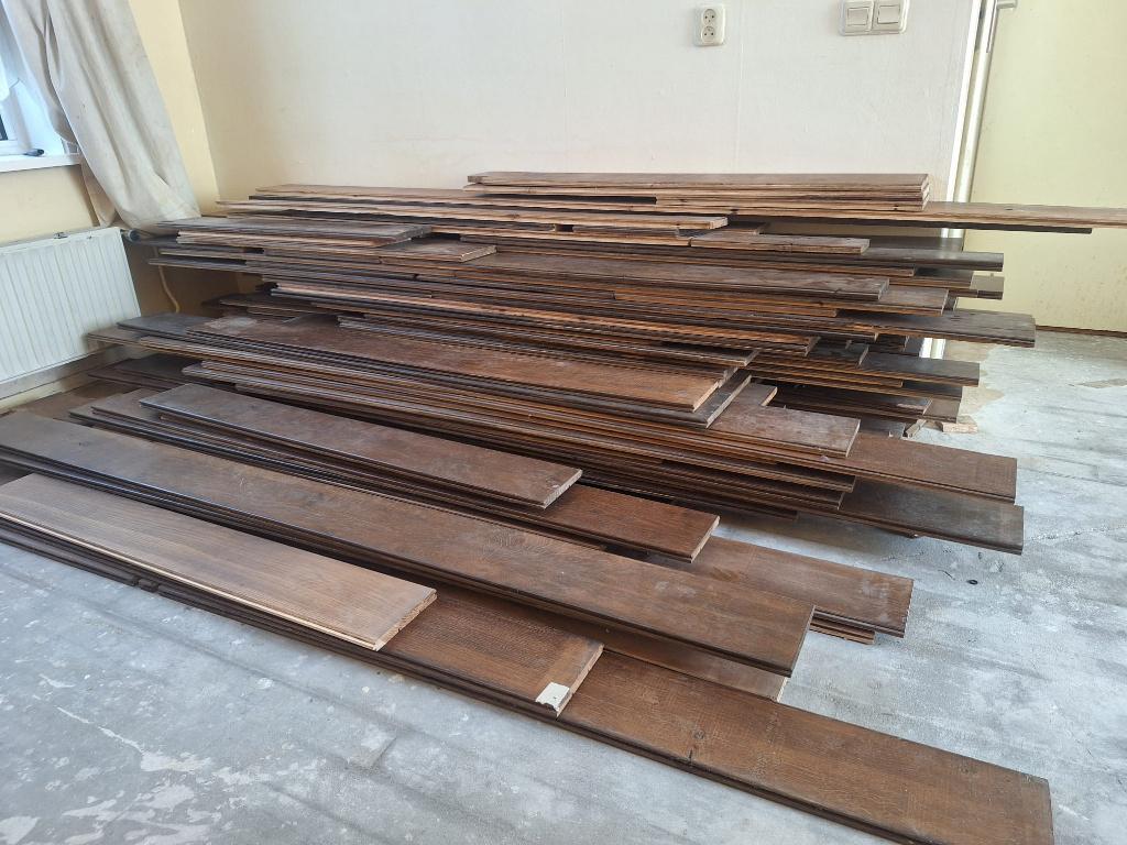 Eiken vloerplanken circa 30m2, Doe-het-zelf en Verbouw, Vloerdelen en Plavuizen, Gebruikt, 10 m² of meer, 10 tot 30 cm, Hout