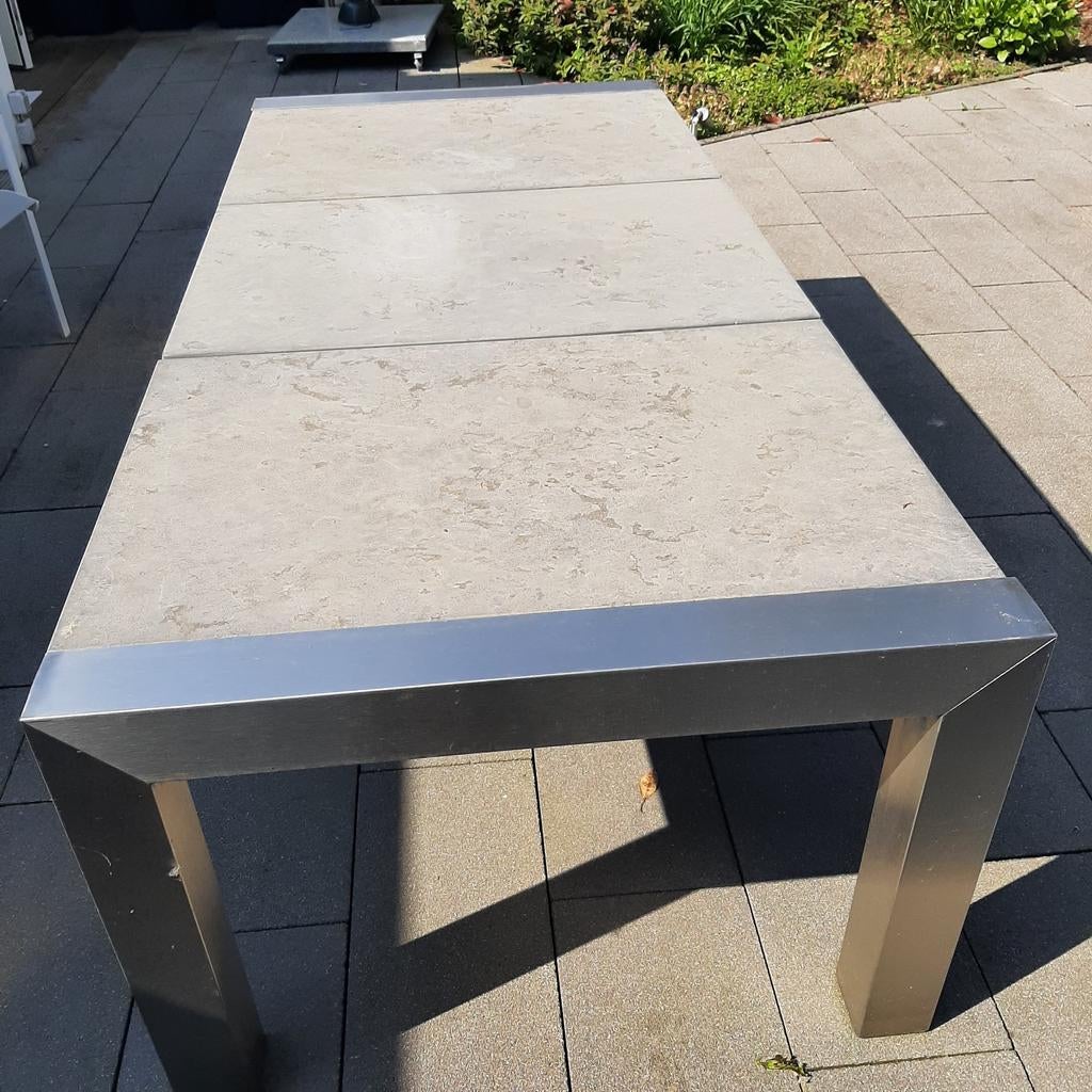 RVS tuintafel met Belgisch hardsteen platen (220x100 cm), Ophalen, Rechthoekig, Rvs