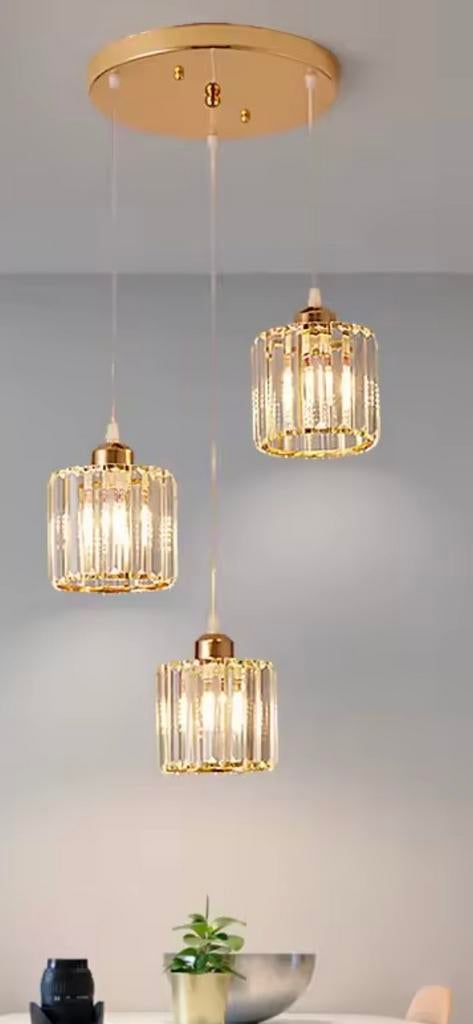 Luxe Hanglamp met 3 Kristallen Kappen - Goud, Ophalen of Verzenden, Nieuw, Glas, 75 cm of meer