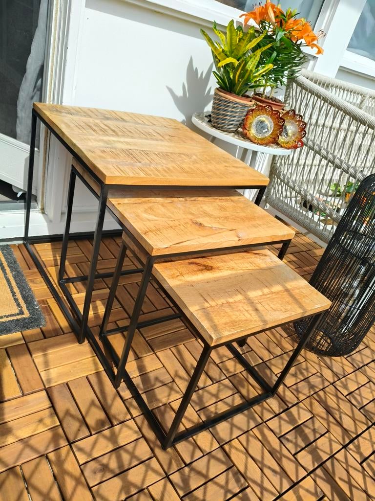Leuke set van 3 mangohouten salon/bijzettafels, Ophalen, Vierkant, Overige houtsoorten, Minder dan 50 cm