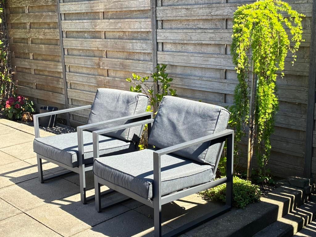 2 alu loungestoelen met kussenset, als nieuw, Tuin en Terras, Tuinsets en Loungesets, Aluminium, Zo goed als nieuw, Loungeset
