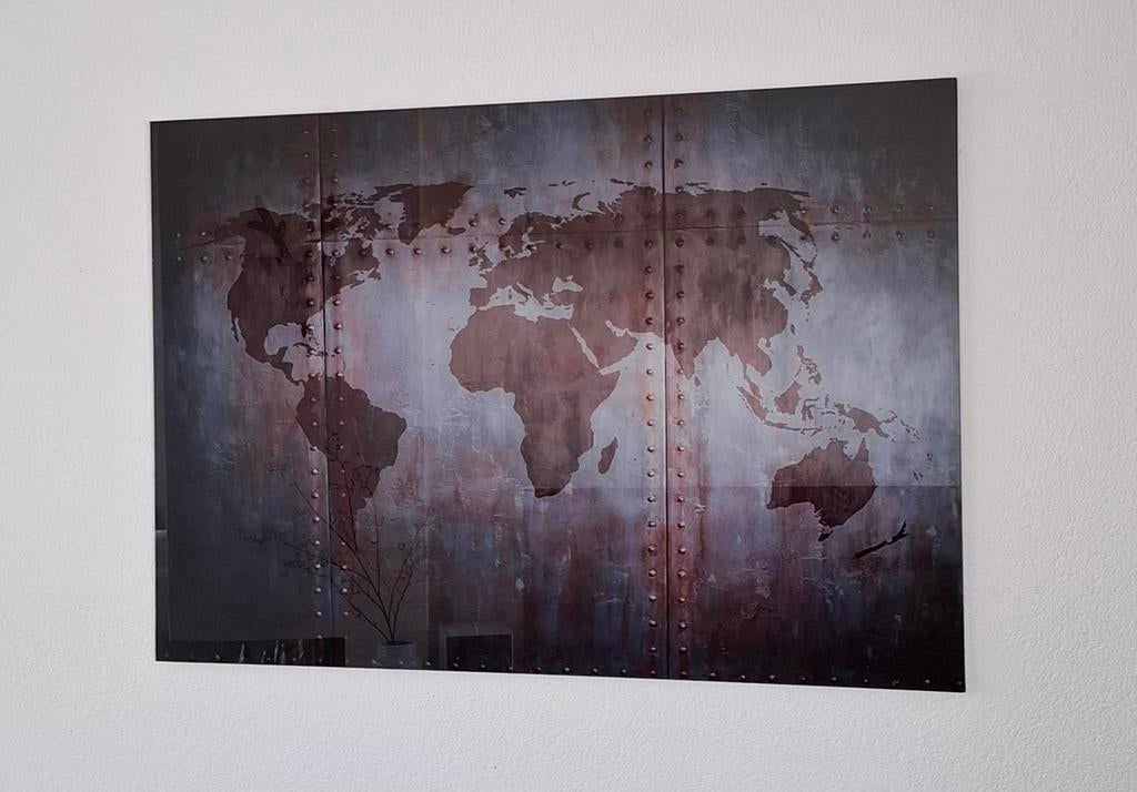 Glasschilderij wereldkaart 80x120 cm, Ophalen, Industrieel, 80 cm, Meerkleurig