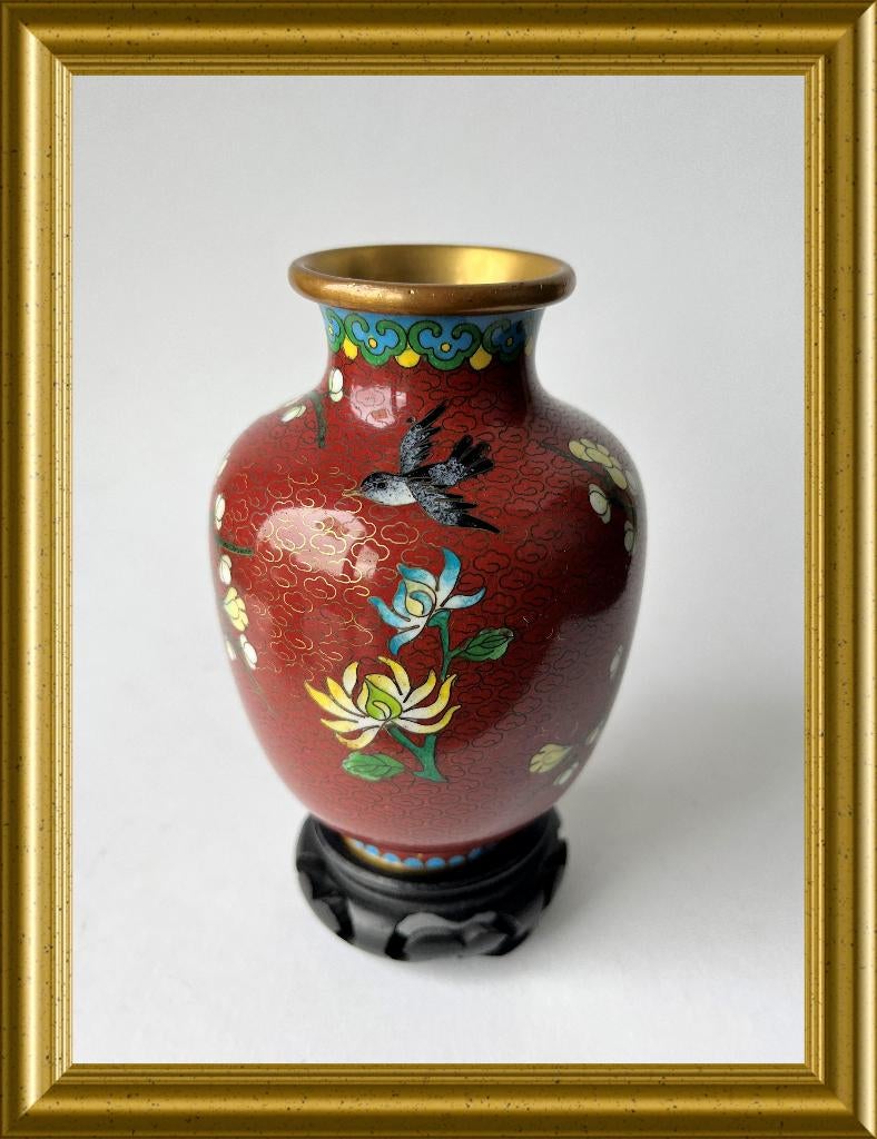 Mooi cloisonne vaasje, bloesem, vogel, Ophalen of Verzenden
