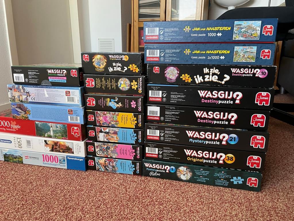 21 puzzels Jan van Haasteren en Wasgij puzzels enz, Ophalen of Verzenden, 500 t/m 1500 stukjes, Gebruikt, Legpuzzel