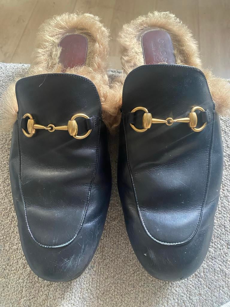 Gucci loafers met bont - Zwart leer, maat 43 origineel, Ophalen, Gedragen, Zwart, Loafers