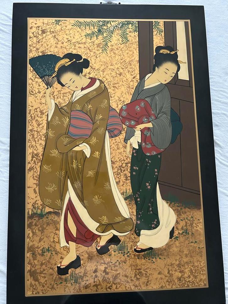 Schilderij Japanse Geisha’s op Zwart Lakpaneel, Antiek en Kunst, Kunst | Niet-Westerse kunst, Ophalen of Verzenden