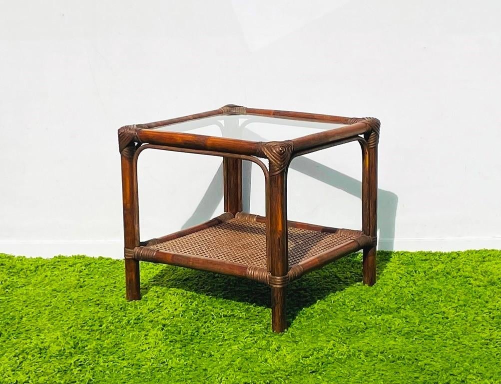 Bamboe bijzettafel ~ Vintage 70s ~ Lage tafel, Gebruikt, 50 tot 100 cm, Glas, Vintage bohemian