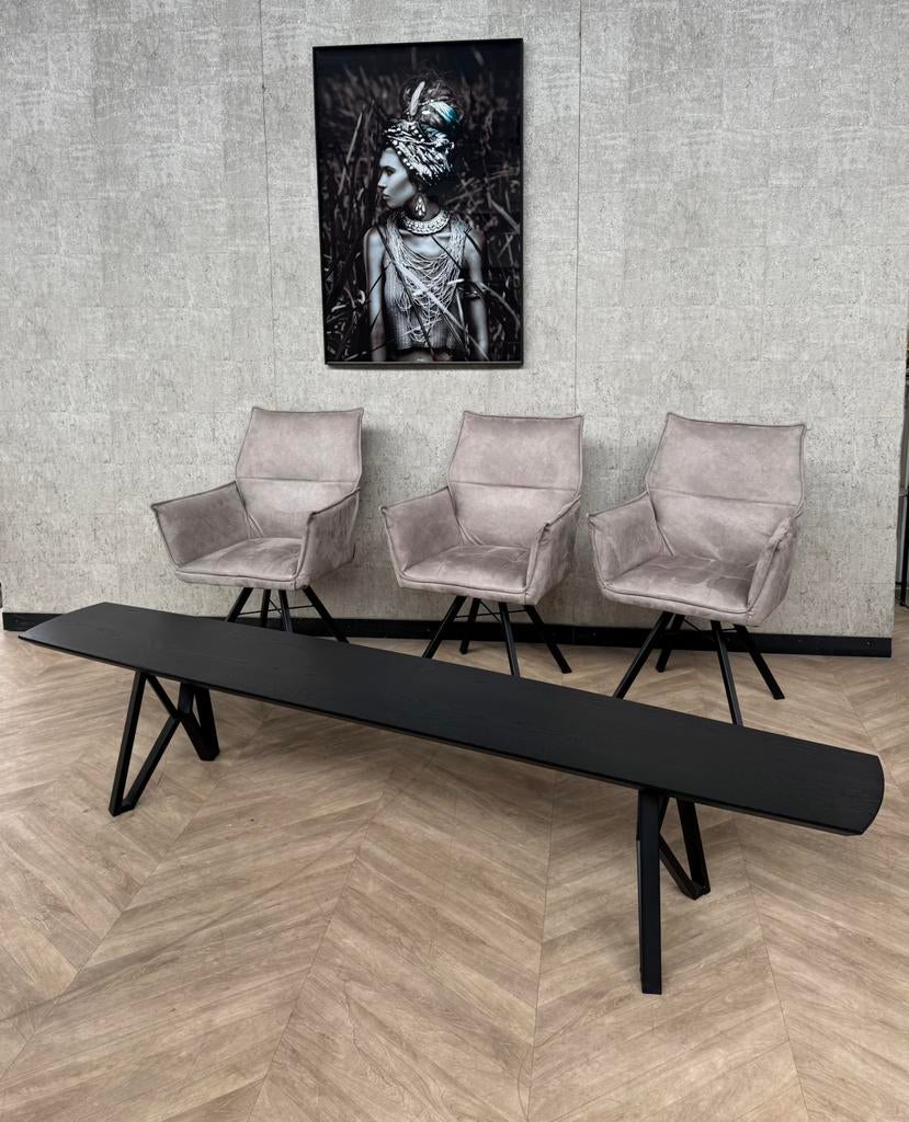 Eetkamerbank eiken zwart + 3 beige stoelen *showroom, Overige kleuren, Ophalen of Verzenden, Zo goed als nieuw, Vijf, Zes of meer stoelen