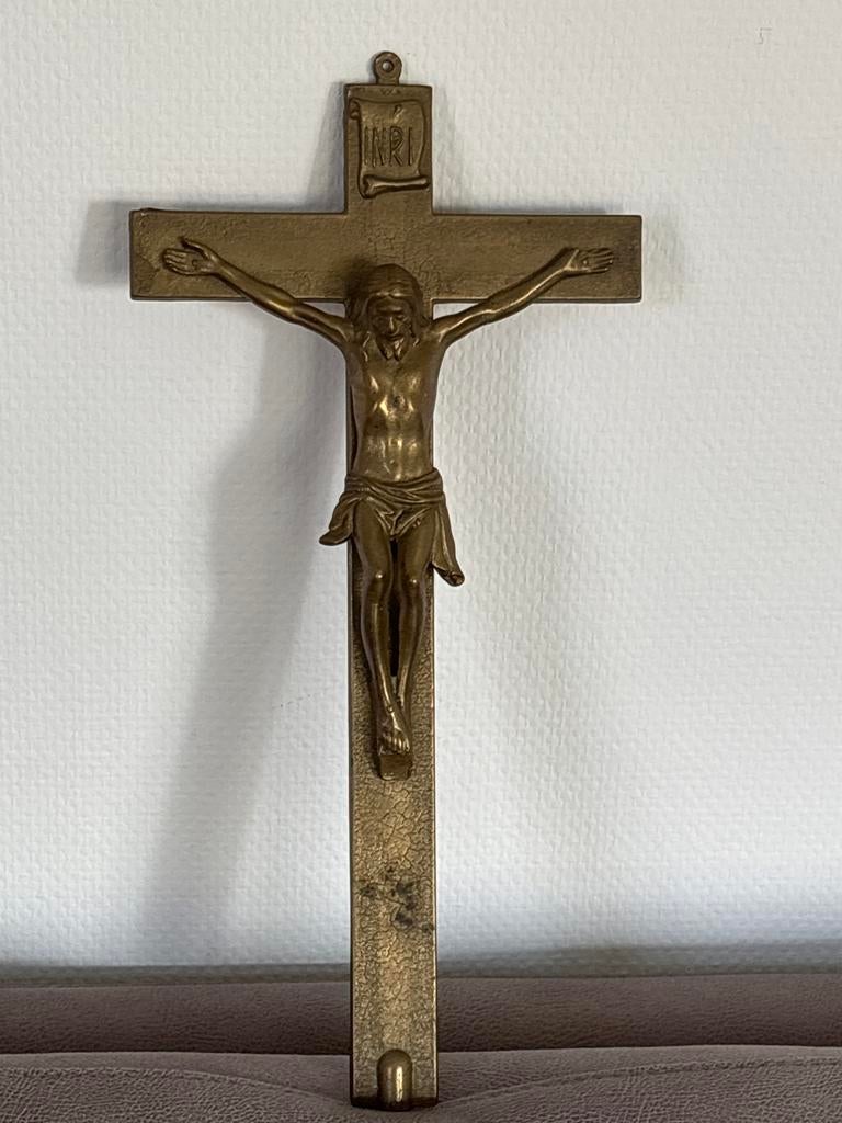 Vintage Bronzen Kruisbeeld - Jezus aan het Kruis, Ophalen of Verzenden