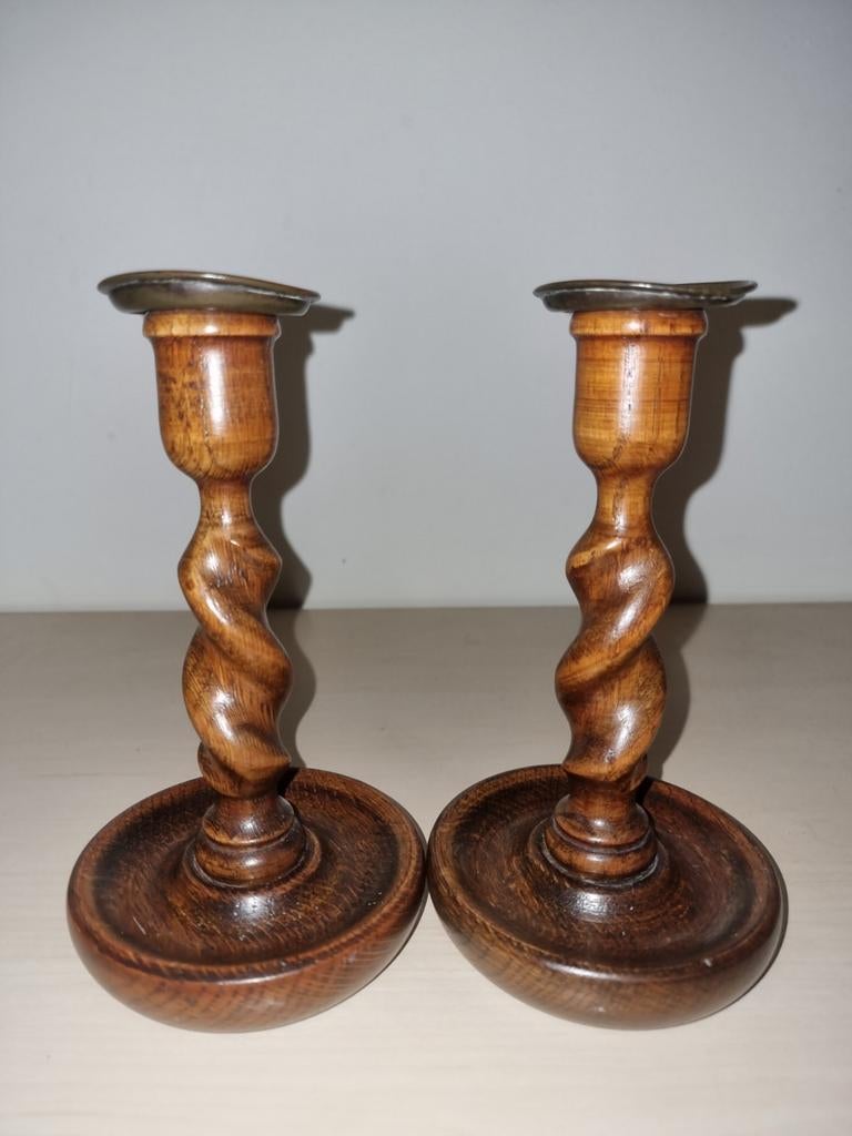 Antieke Engelse Barley Twist Kandelaars - Hout en Metaal, Antiek en Kunst, Antiek | Kandelaars, Ophalen, Overige materialen