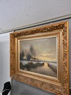 Schilderij Winterlandschap met Figuur en Boerderij, Ophalen