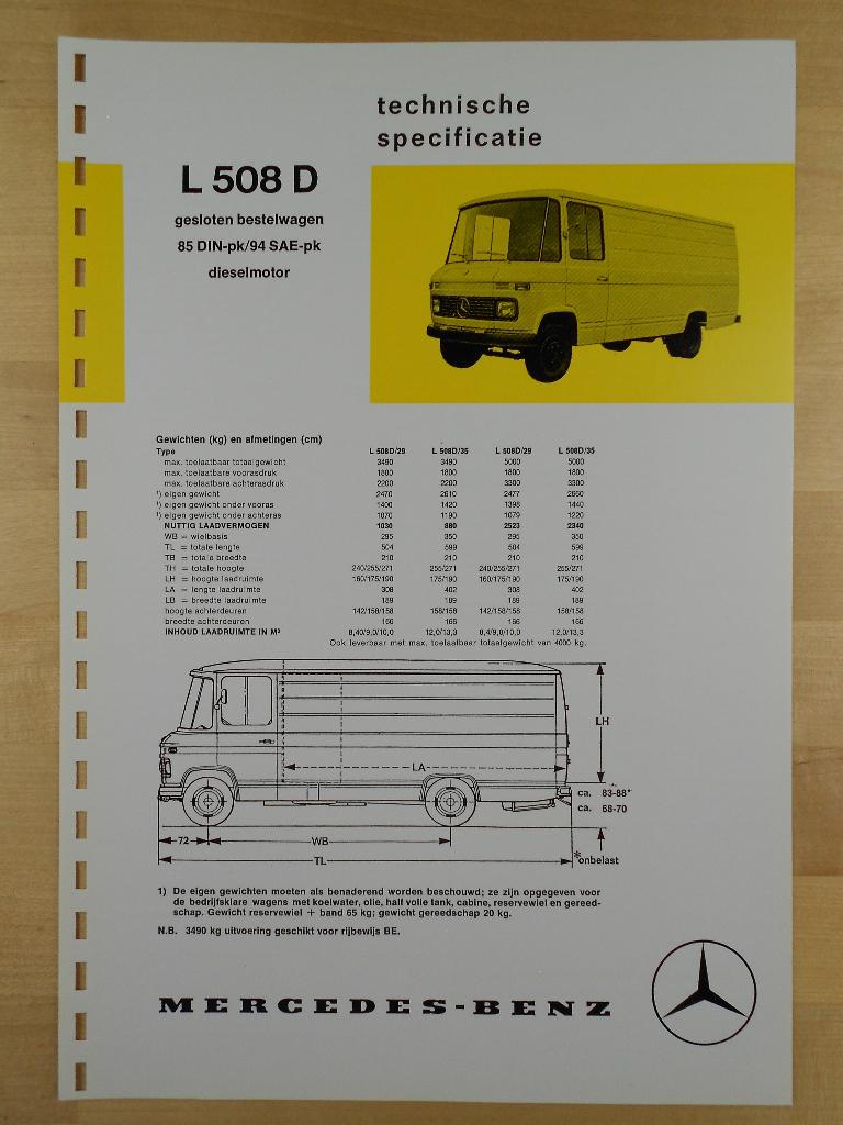 Mercedes 508 D Technische Specificatie Brochure 1973 BG 508D, Zo goed als nieuw, Mercedes-Benz, Mercedes, Ophalen of Verzenden