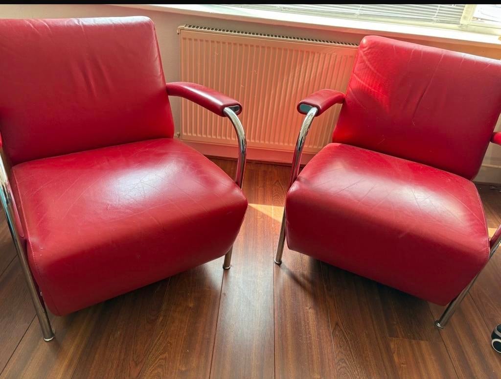 Leolux Scylla stoelen rood leer, Huis en Inrichting, Ophalen, Gebruikt, Leer, Eén