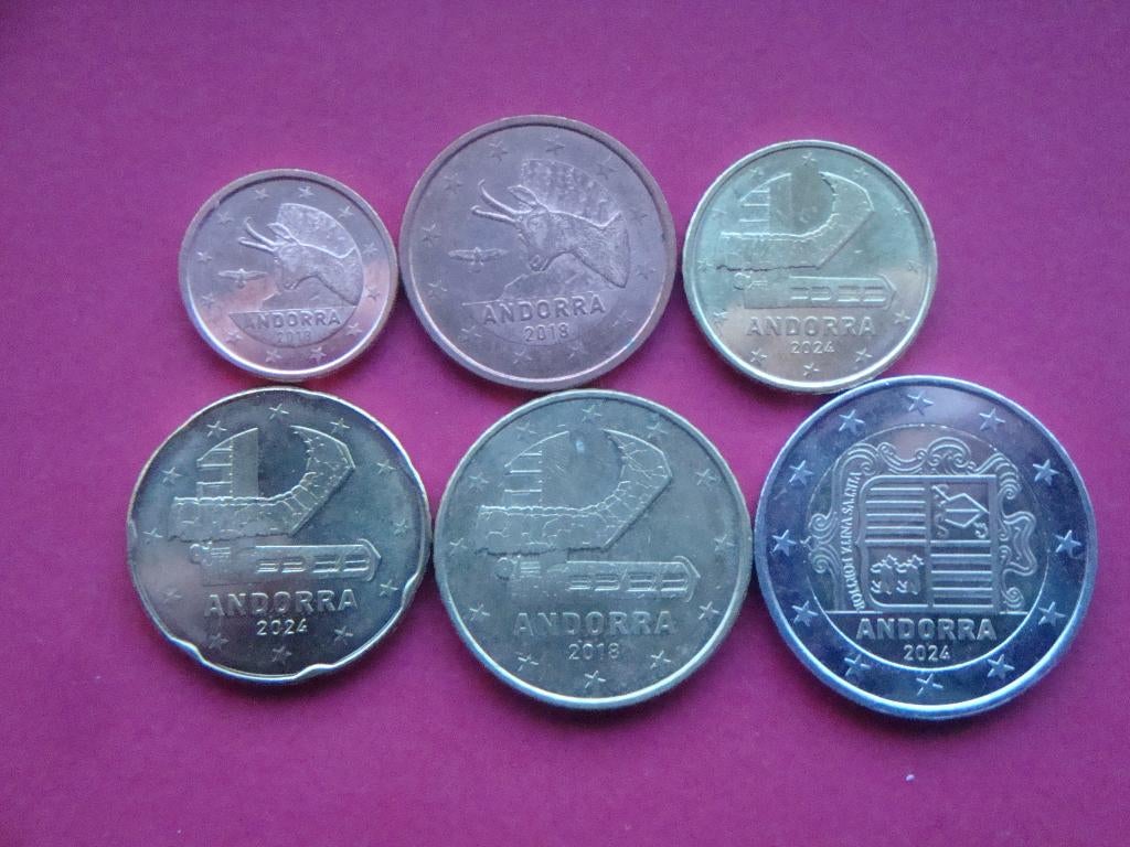 Lot Andorra setje UNC 1, 5, 10 en 20 Cent, 2 Euro 2018/2024., Verzenden, Overige landen, Overige waardes, Setje