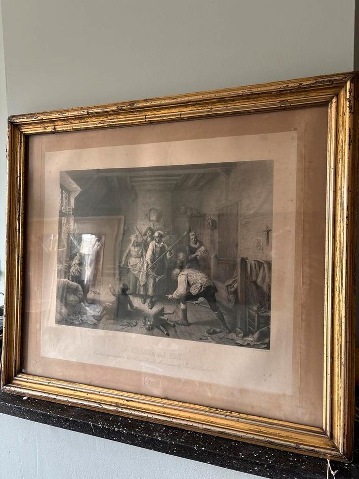 Grote prent "La Chasse au Rat" in oude lijst, Antiek en Kunst, Kunst | Etsen en Gravures, Ophalen of Verzenden