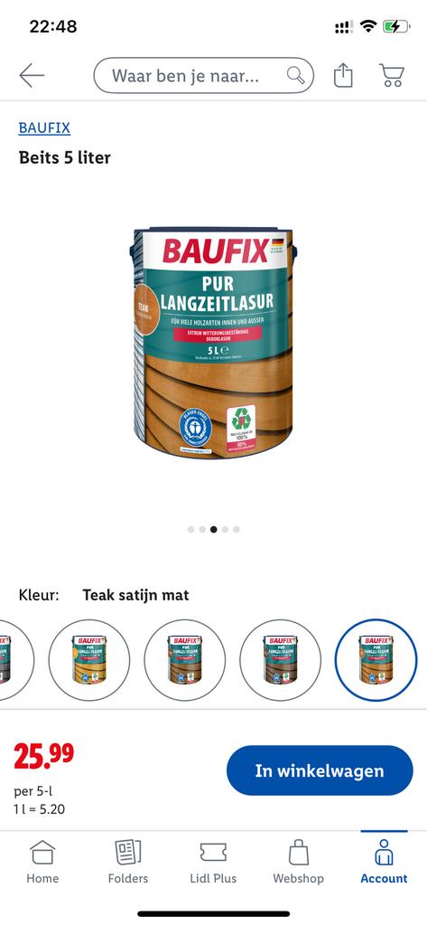 BAUFIX Beits 5L – Teak satijn mat (nieuw, ongebruikt), Ophalen of Verzenden, Nieuw, Overige kleuren, Beits