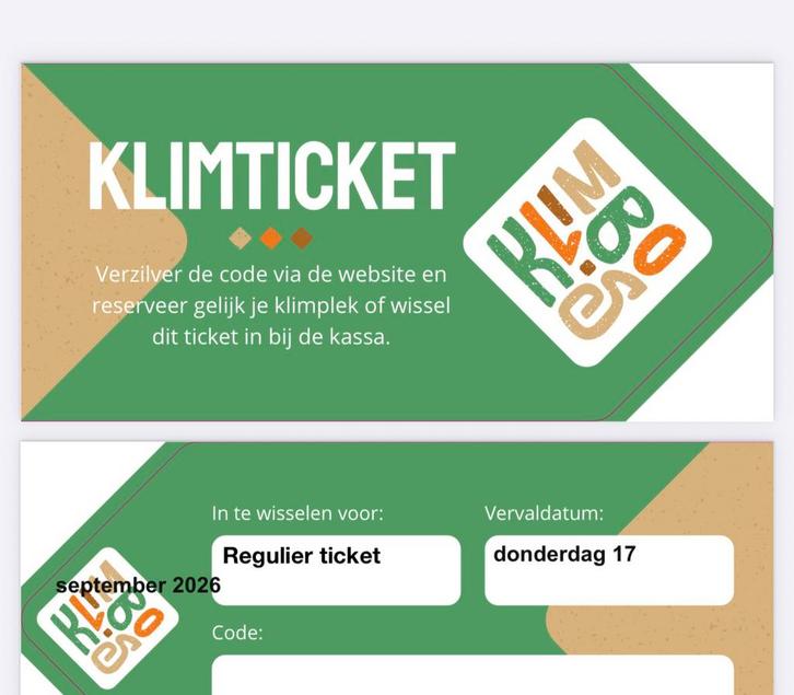 Ticket (regulier) klimbos, Tickets en Kaartjes, Kortingen en Cadeaubonnen, Eén persoon, Overige typen, Overige soorten