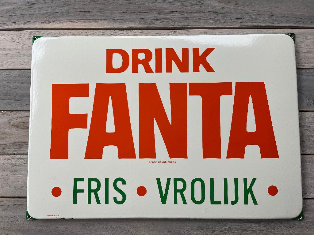 Origineel emaille reclame bord - Drink Fanta Fris Vrolijk, Ophalen of Verzenden, Gebruikt, Reclamebord