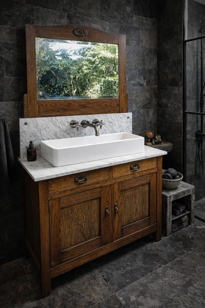 Antiek badkamermeubel wastafel marmer vintage kast eiken spi, Ophalen of Verzenden