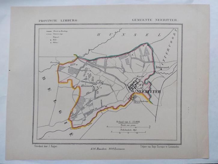 39 / Gemeente Neeritter Limburg Litho uit 1866 van J. Kuyper, Antiek en Kunst, Kunst | Litho's en Zeefdrukken, Ophalen of Verzenden