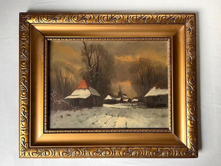 Dorp is de sneeuw - Olieverf op paneel, Ingelijst, Antiek en Kunst, Kunst | Schilderijen | Klassiek, Ophalen of Verzenden
