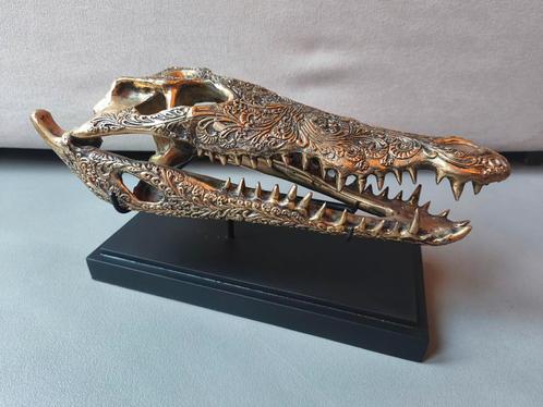 Messing Krokodillen Schedel op Standaard - 36cm, Antiek en Kunst, Kunst | Beelden en Houtsnijwerken, Ophalen of Verzenden