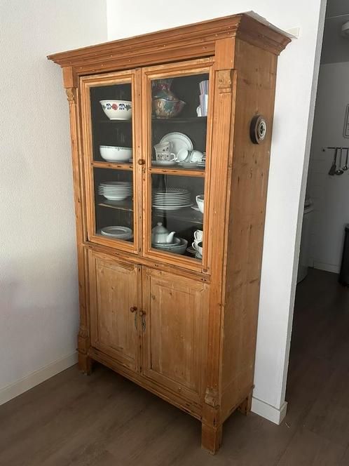 Oude grenen vitrinekast - buffetkast, Huis en Inrichting, Kasten | Vitrinekasten, Zo goed als nieuw, 150 tot 200 cm, 100 tot 150 cm