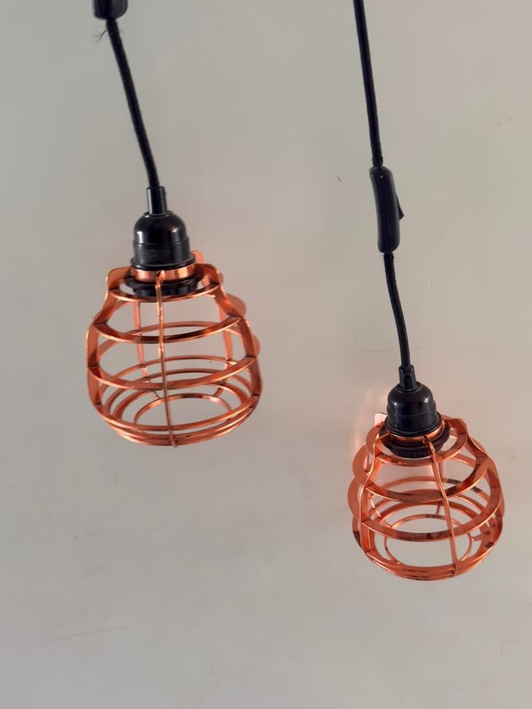 Set van 2 koperen hanglampen Loods 5 – met schakelaar, Ophalen of Verzenden, Zo goed als nieuw, Minder dan 50 cm