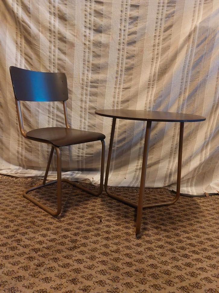 Buisframe Stoel & Tafel - Gispen Style, Huis en Inrichting, Stoelen, Gebruikt, Eén, Hout, Metaal, Bruin, Ophalen of Verzenden