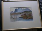 Aquarel v/e Berglandschapje Vijver en Bootjes, Antiek en Kunst, Kunst | Schilderijen | Klassiek, Ophalen of Verzenden